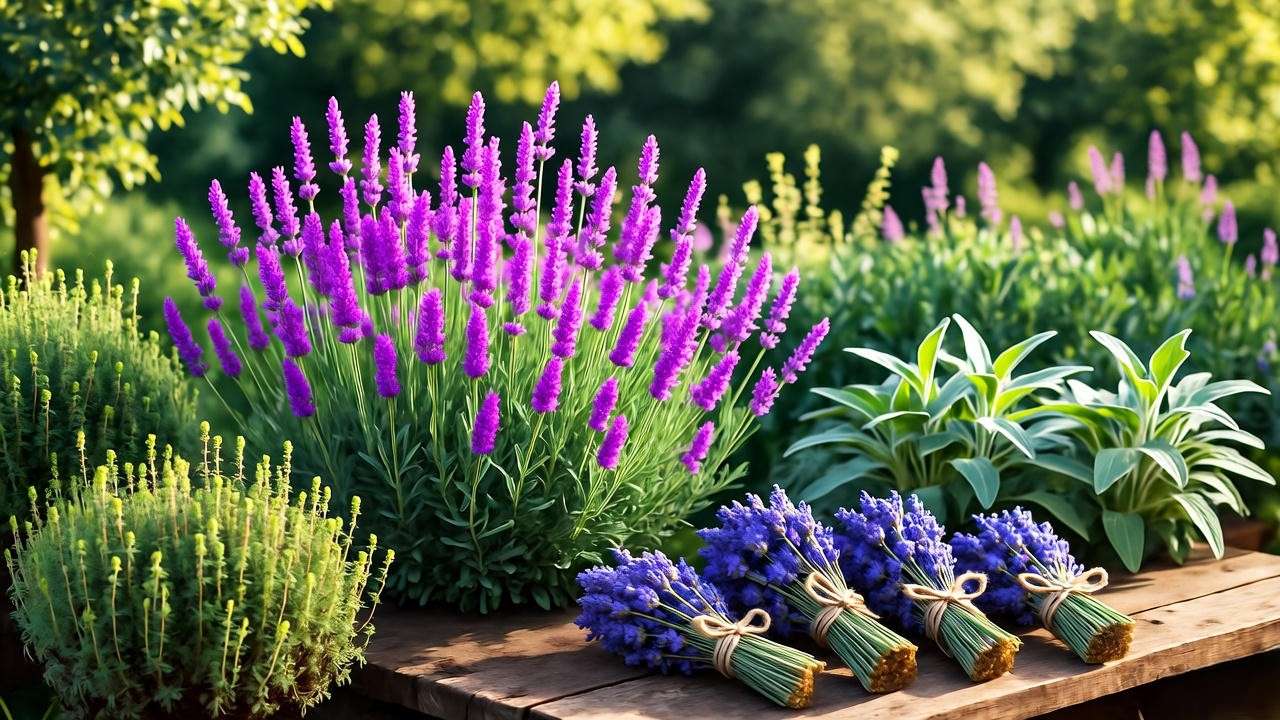 Pink lavender plants with thyme and dried lavender sachets in rustic garden."