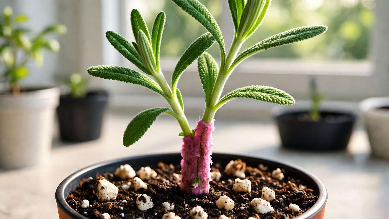 Pink lavender plants with thyme and dried lavender sachets in rustic garden."