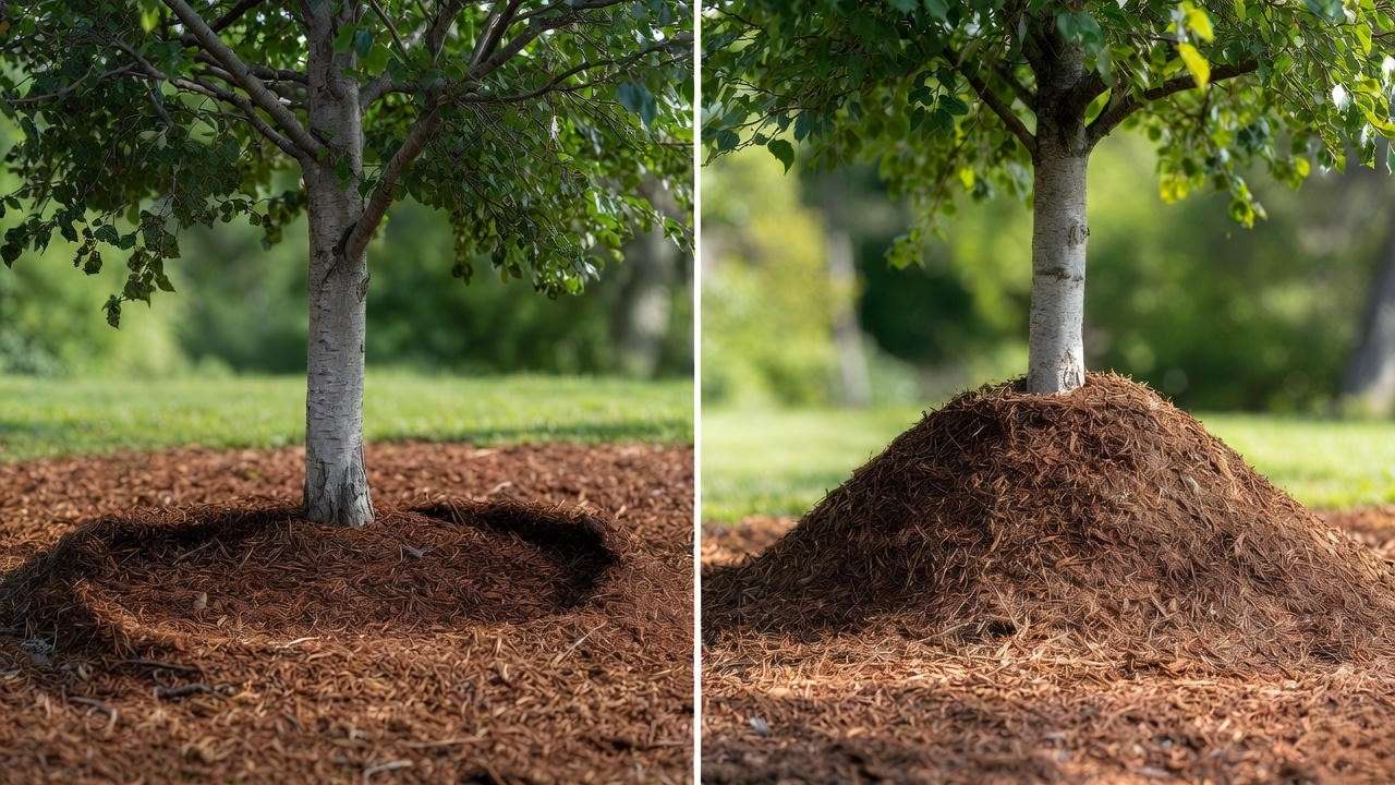 Correct mulching vs volcano mulch around tree base to prevent fungal infections – mushroom in the tree prevention
