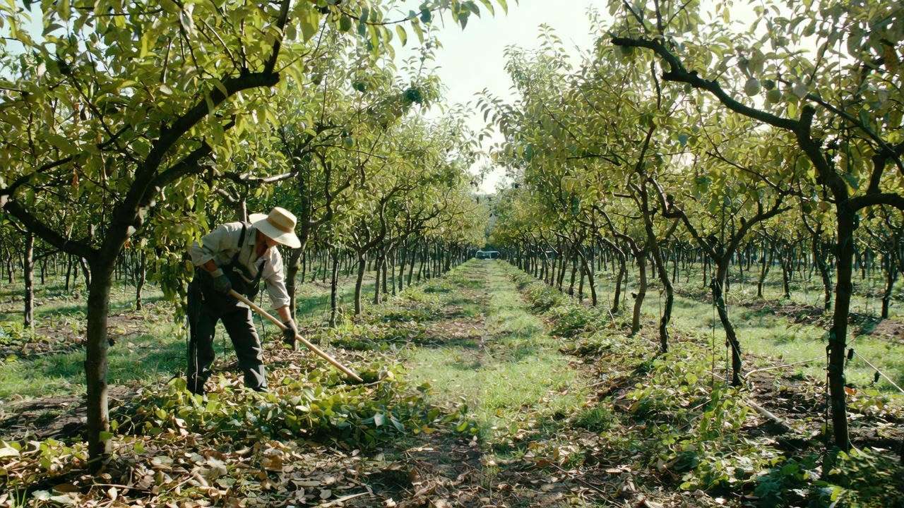 Pruned fruit trees with gardener raking leaves for disease prevention in orchard".