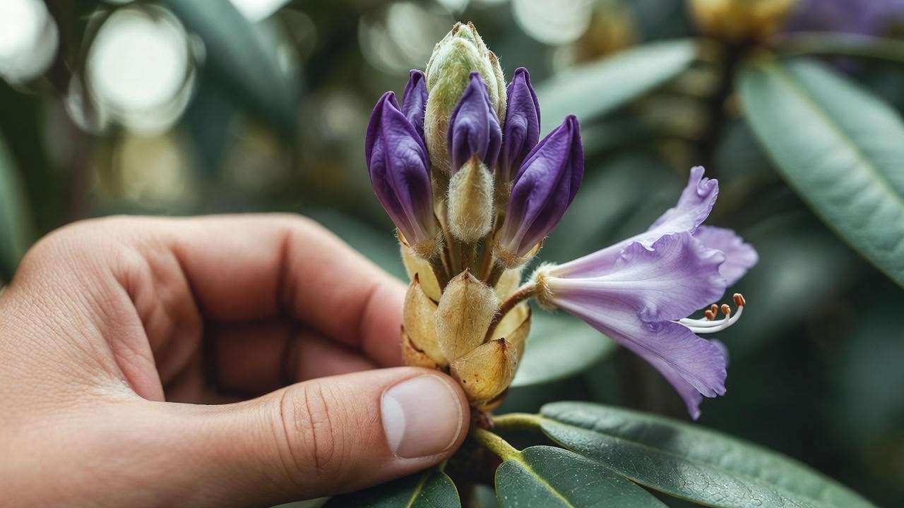 How to deadhead rhododendron flowers correctly by snapping above new buds