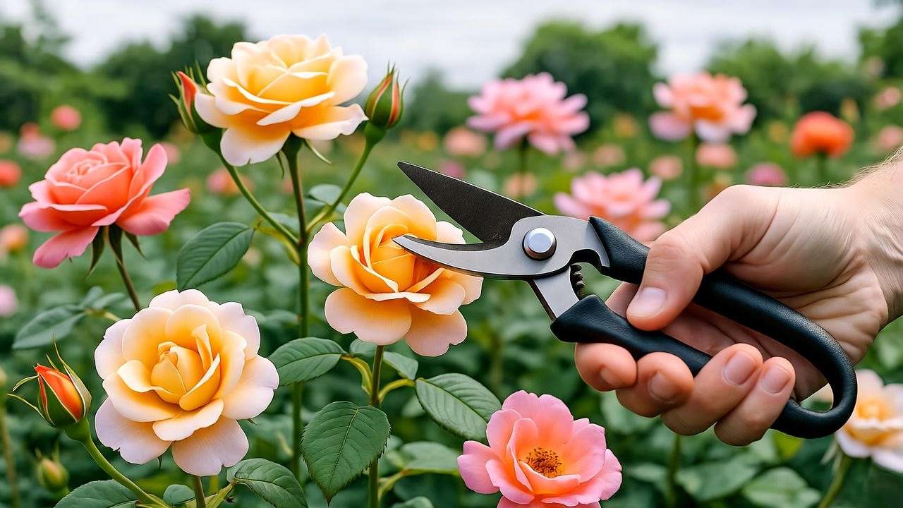 Deadheading a Rio Samba rose plant to encourage new blooms in a garden."