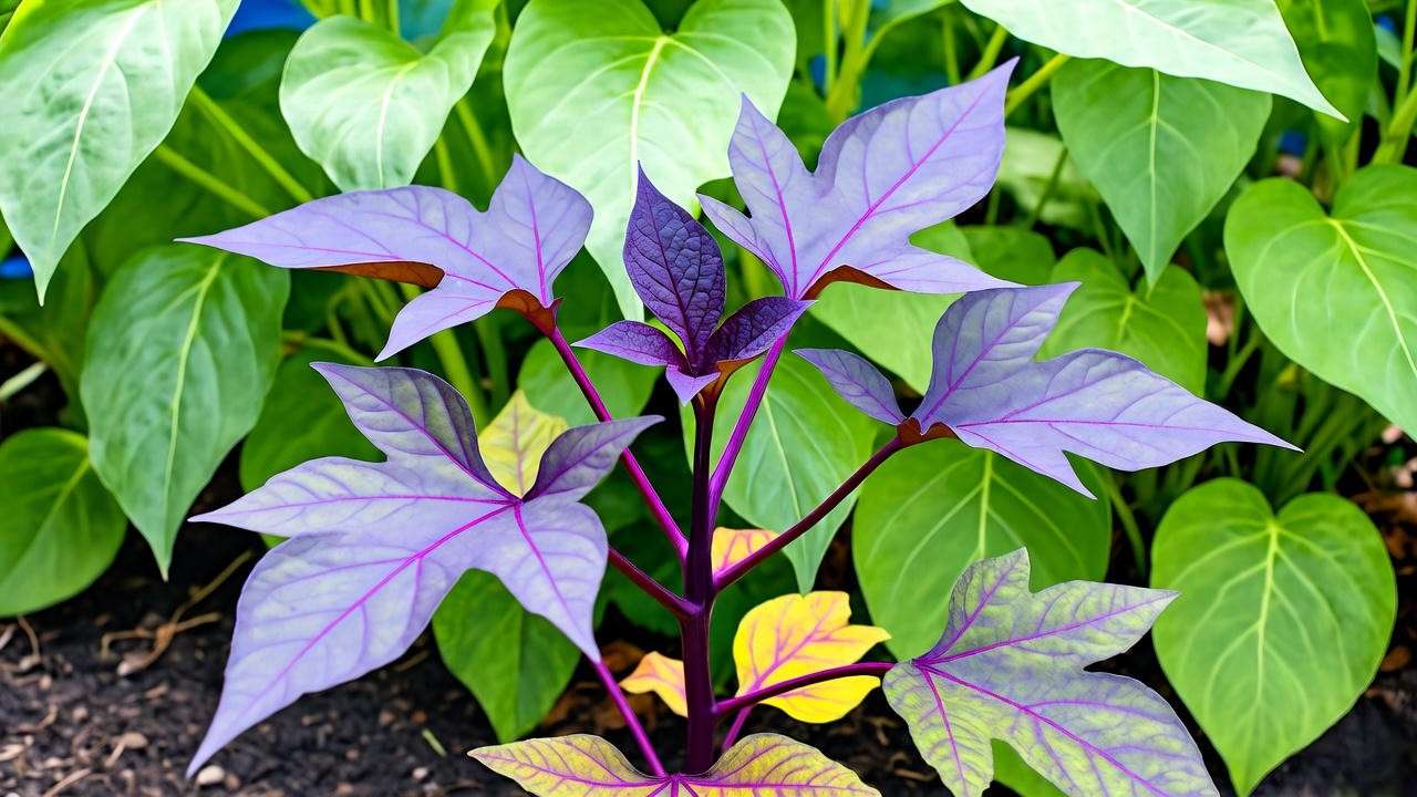 Purple sweet potato plant with yellowing leaves in a garden setting."