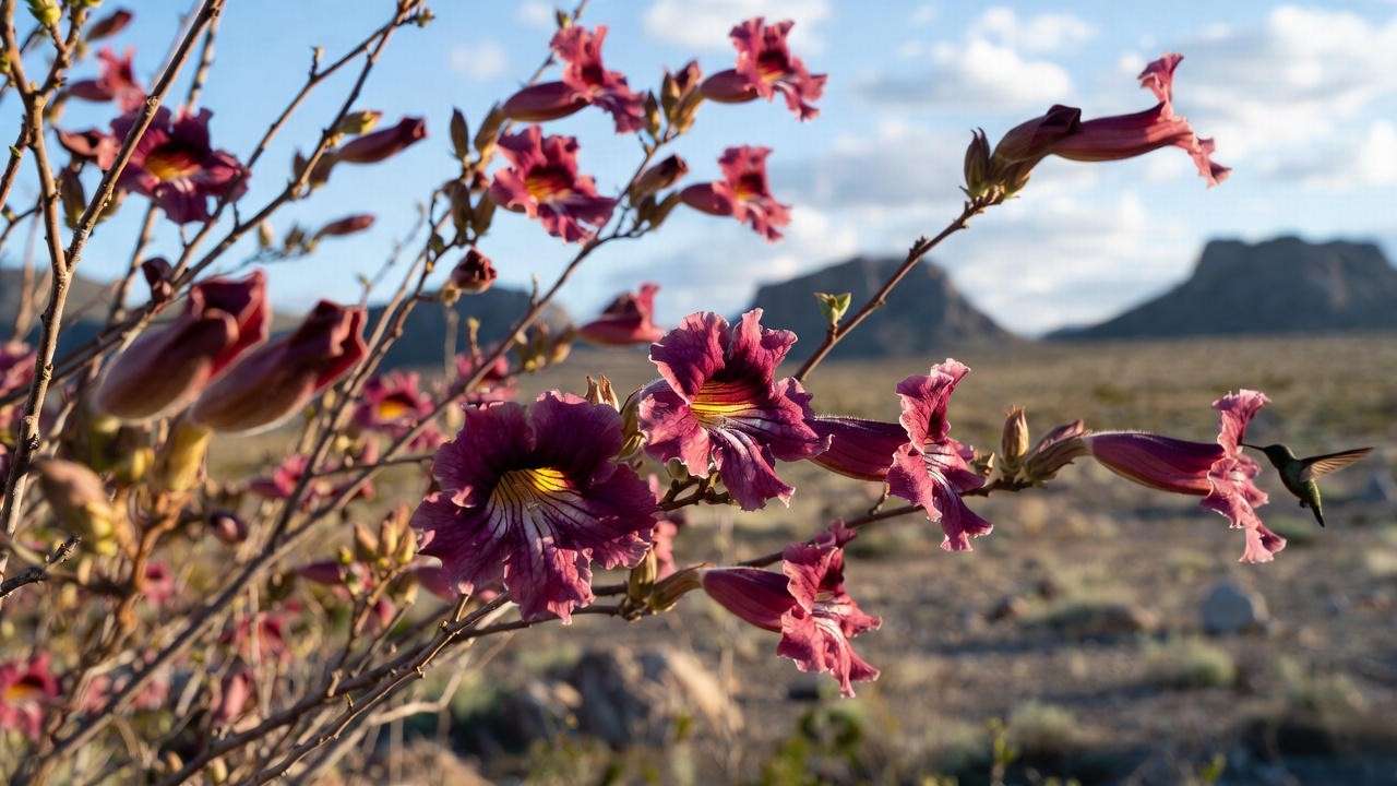 ‘Bubba’ Desert Willow showing burgundy-purple trumpet flowers in West Texas