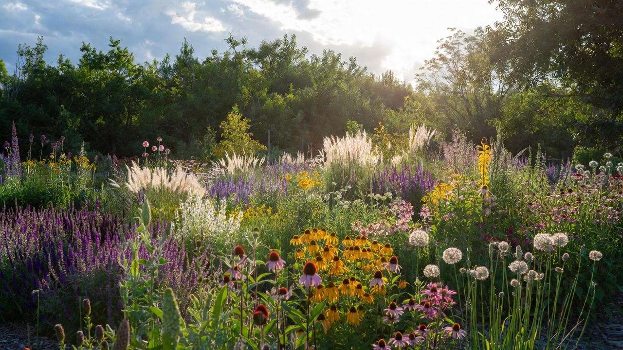 Stunning zero-shade perennial meadow with grasses and long-blooming full sun flowers