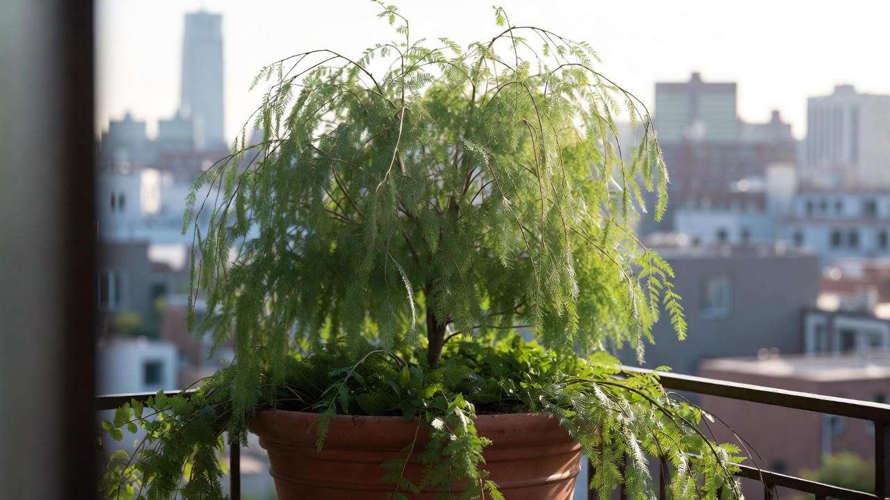 Dwarf weeping willow thriving long-term in container on apartment balcony
