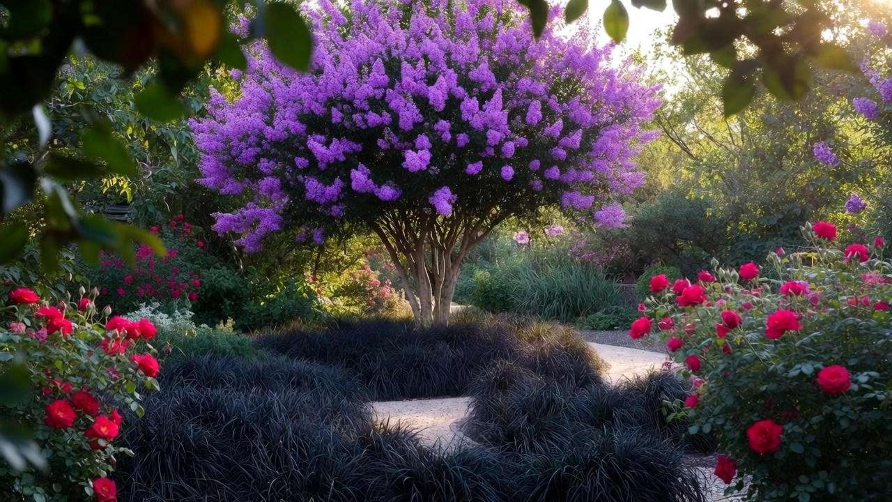 "Purple crepe myrtle tree landscaped with black mondo grass and knock-out roses in a garden."