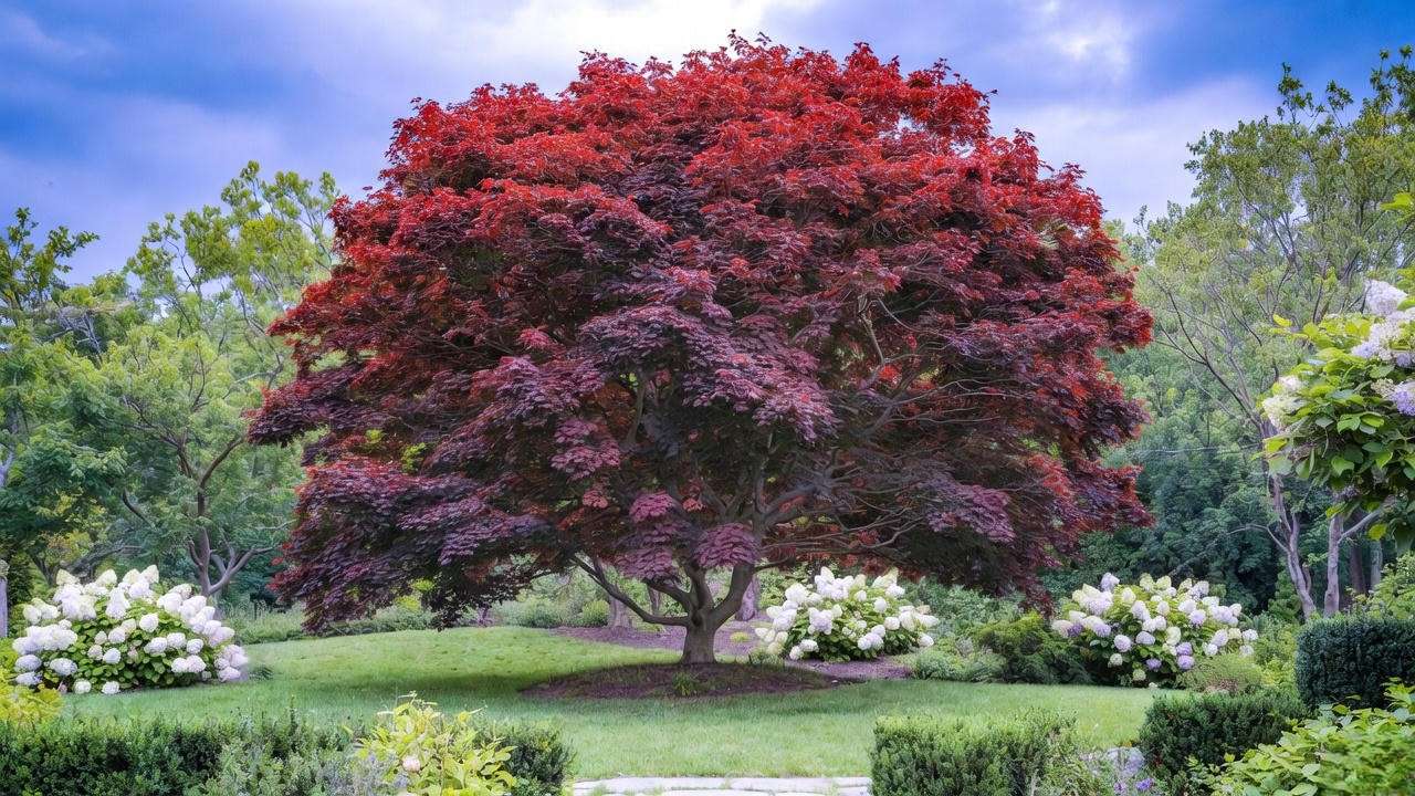 Crimson King Maple Tree in landscape with hydrangeas and stone pathway."