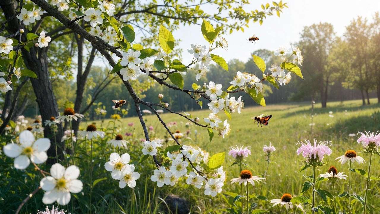Serviceberry tree with white flowers and pollinators in a vibrant spring garden."