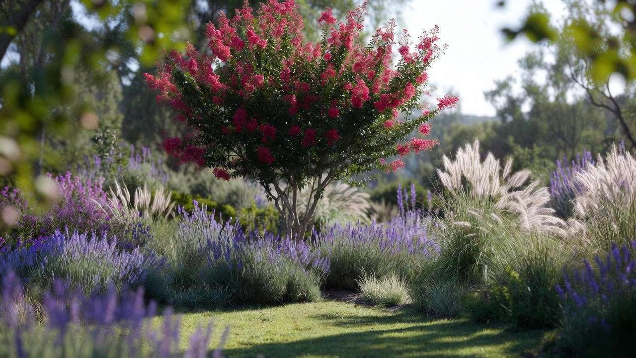 Garden with red crape myrtle tree surrounded by lavender and ornamental grasses."