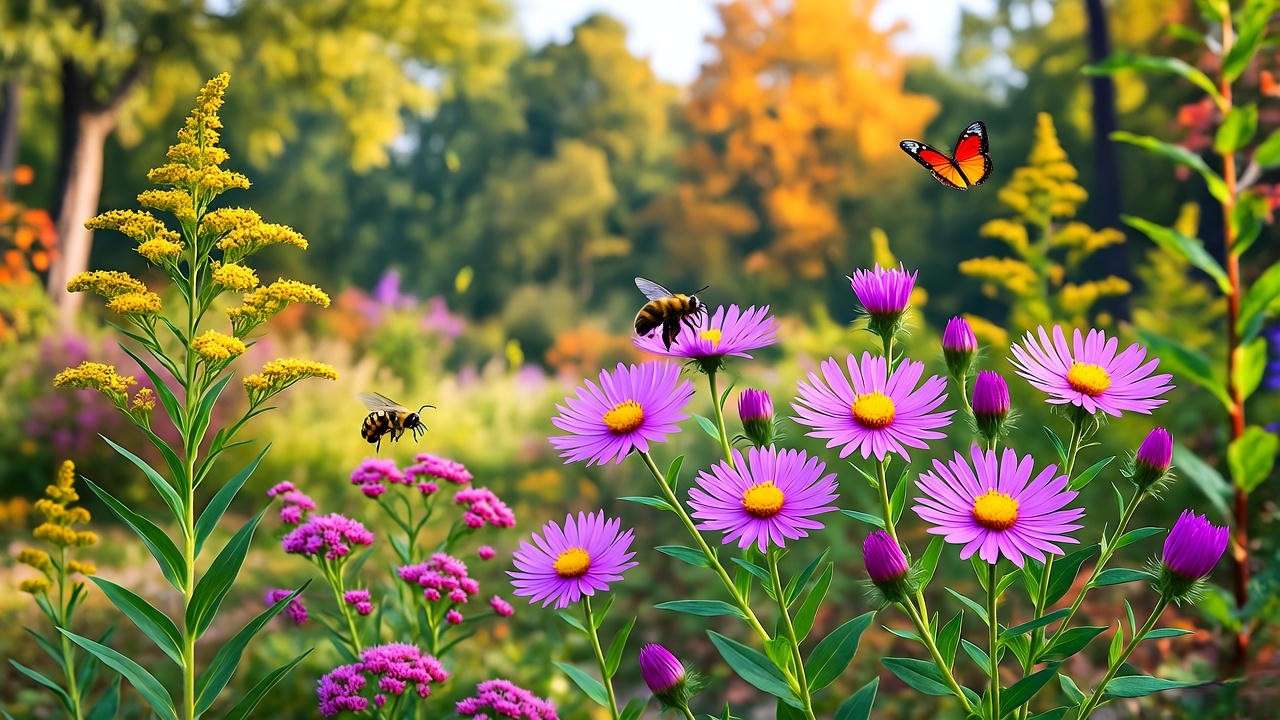 Pink asters with goldenrod and sedum in a pollinator-friendly fall garden."