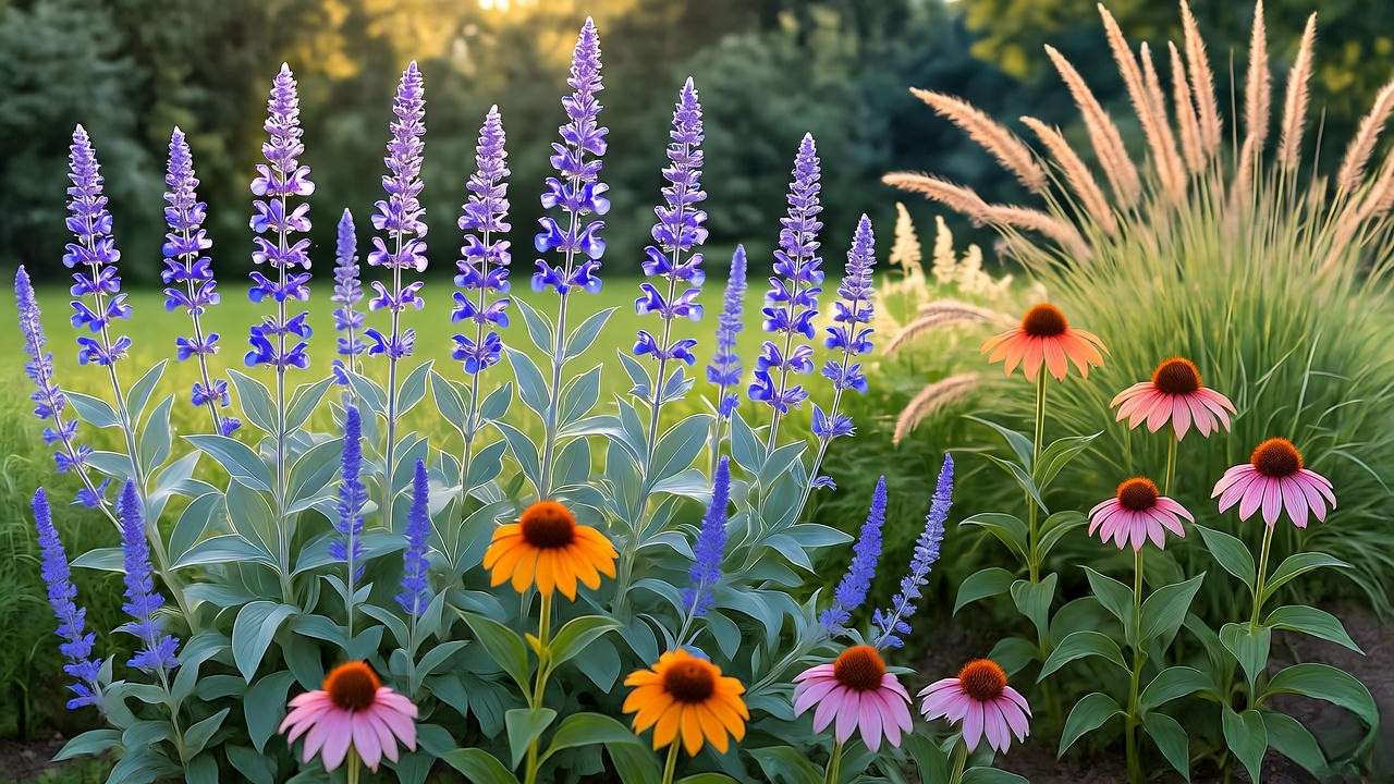 Garden border with Russian Sage, coneflowers, and ornamental grasses for pollinators."