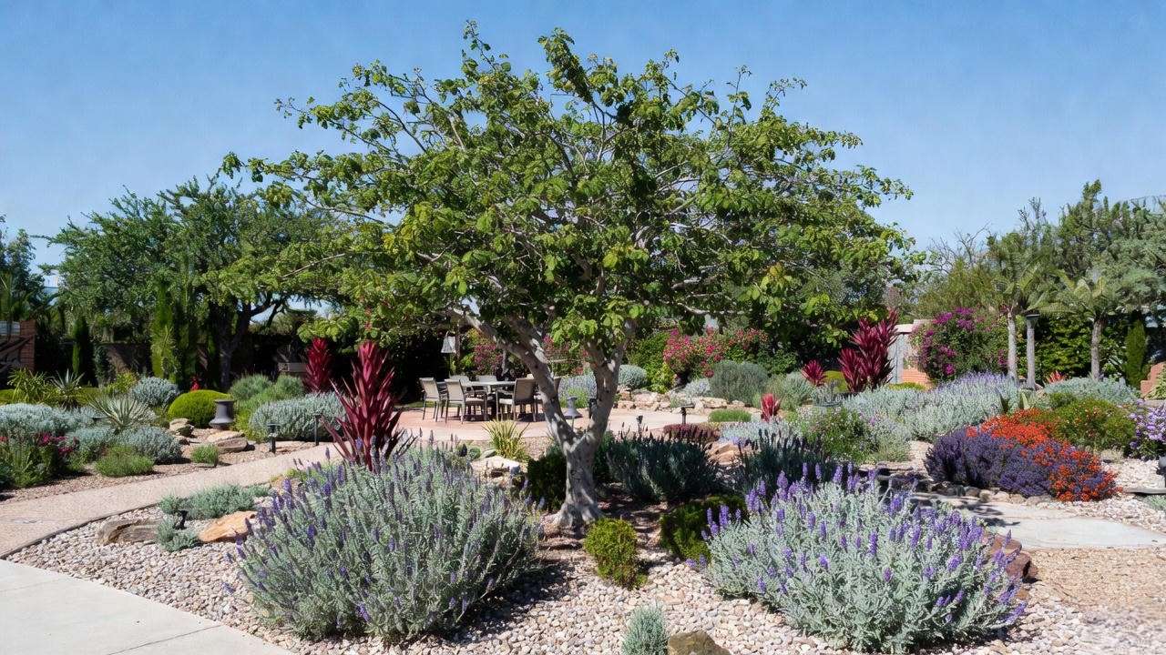 Anacacho orchid tree in a Texas xeriscape garden with Texas sage and red yucca as companion plants."