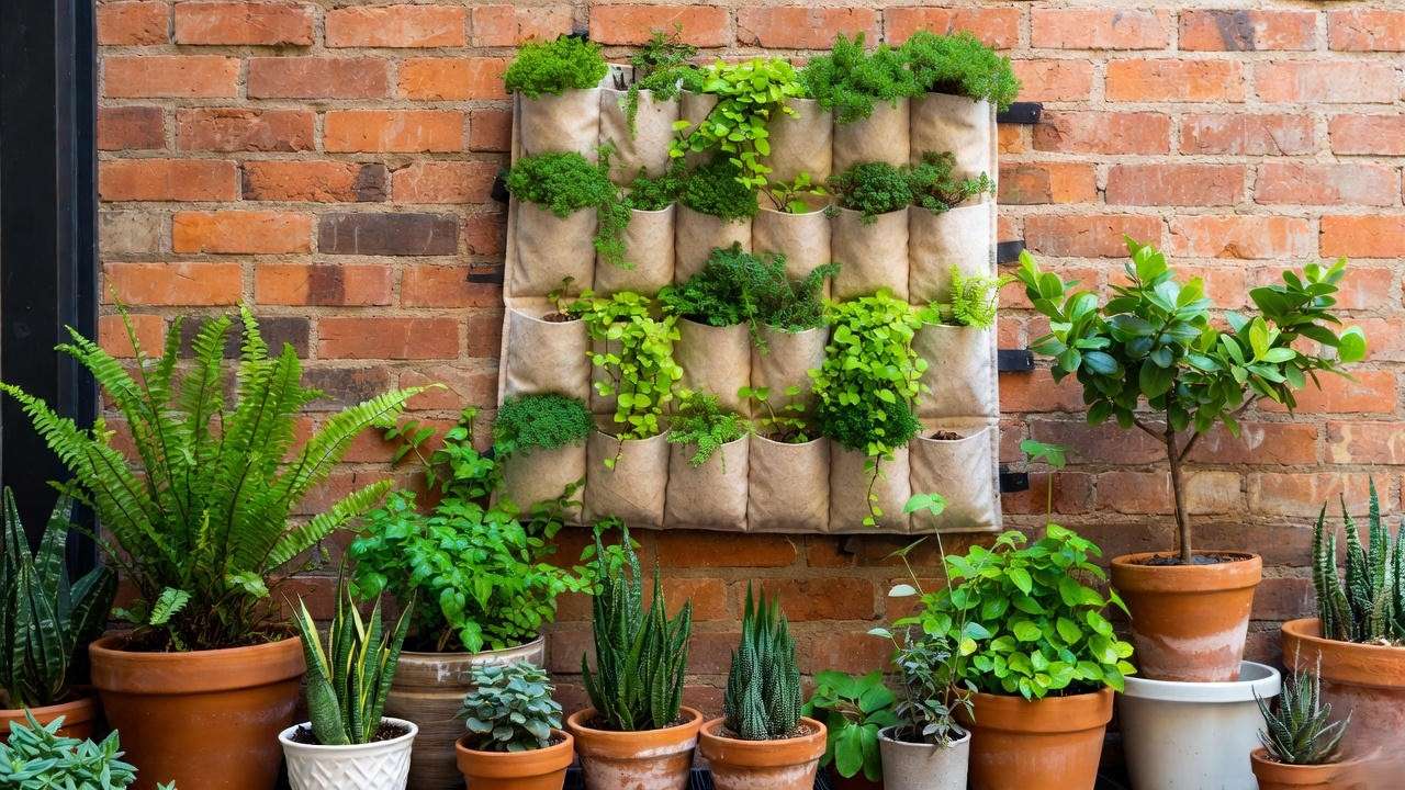 Vertical garden wall with sedum and creeping jenny on a brick wall."