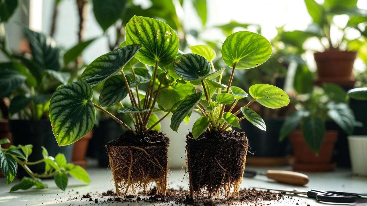 Peperomia plant division process with visible roots and foliage in an indoor garden."