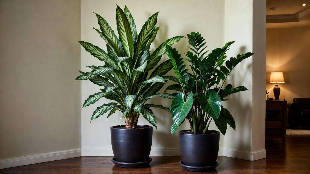 Dracaena and ZZ plant thriving in low light corner of modern living room