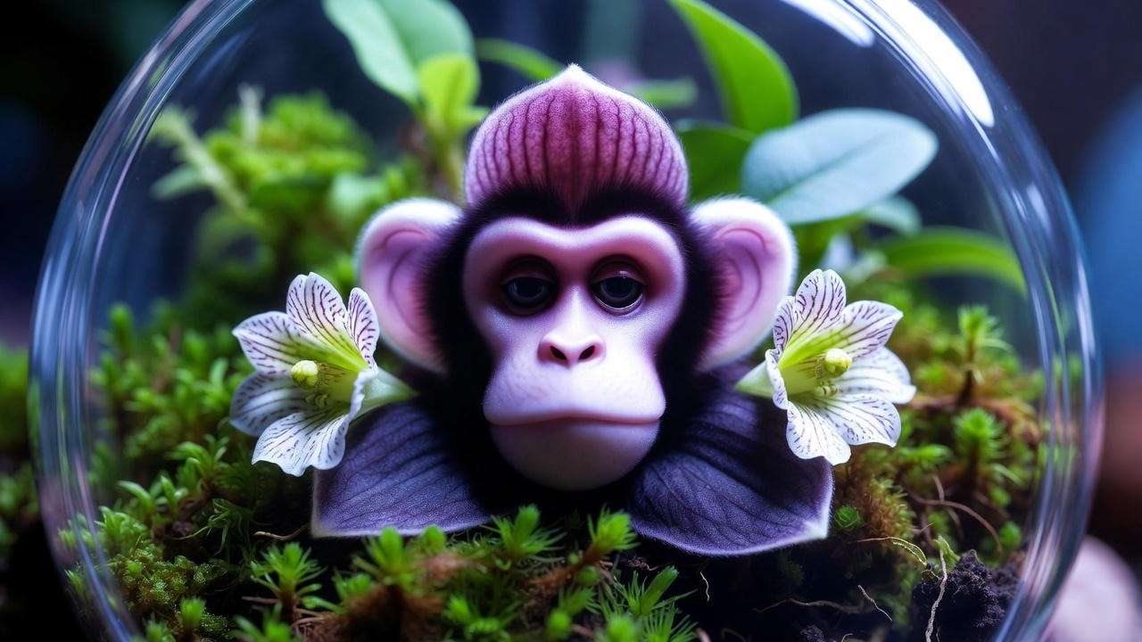 Dracula simia monkey face orchid thriving in a closed terrarium