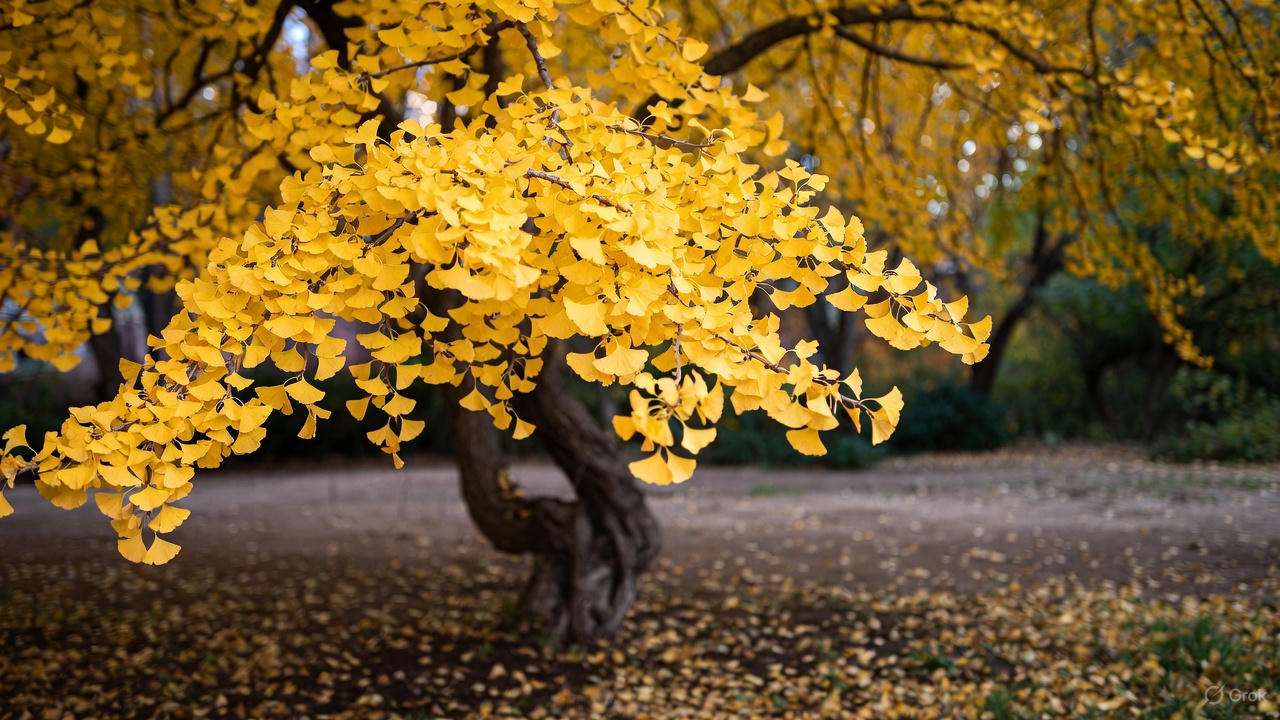 ‘Mariken’ dwarf ginkgo showing brilliant golden fall color with tiny fan-shaped leaves