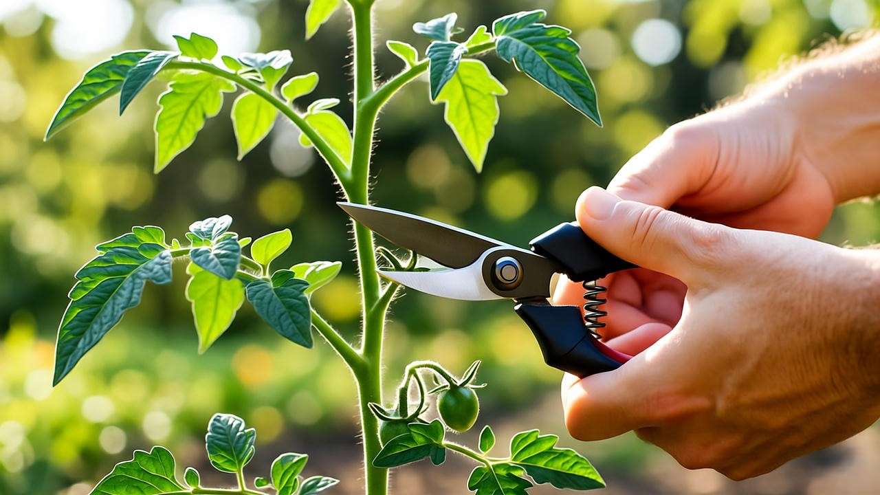 "Gardener pruning a tomato plant with shears to remove sucker, green leaves and tomatoes in sunny garden."