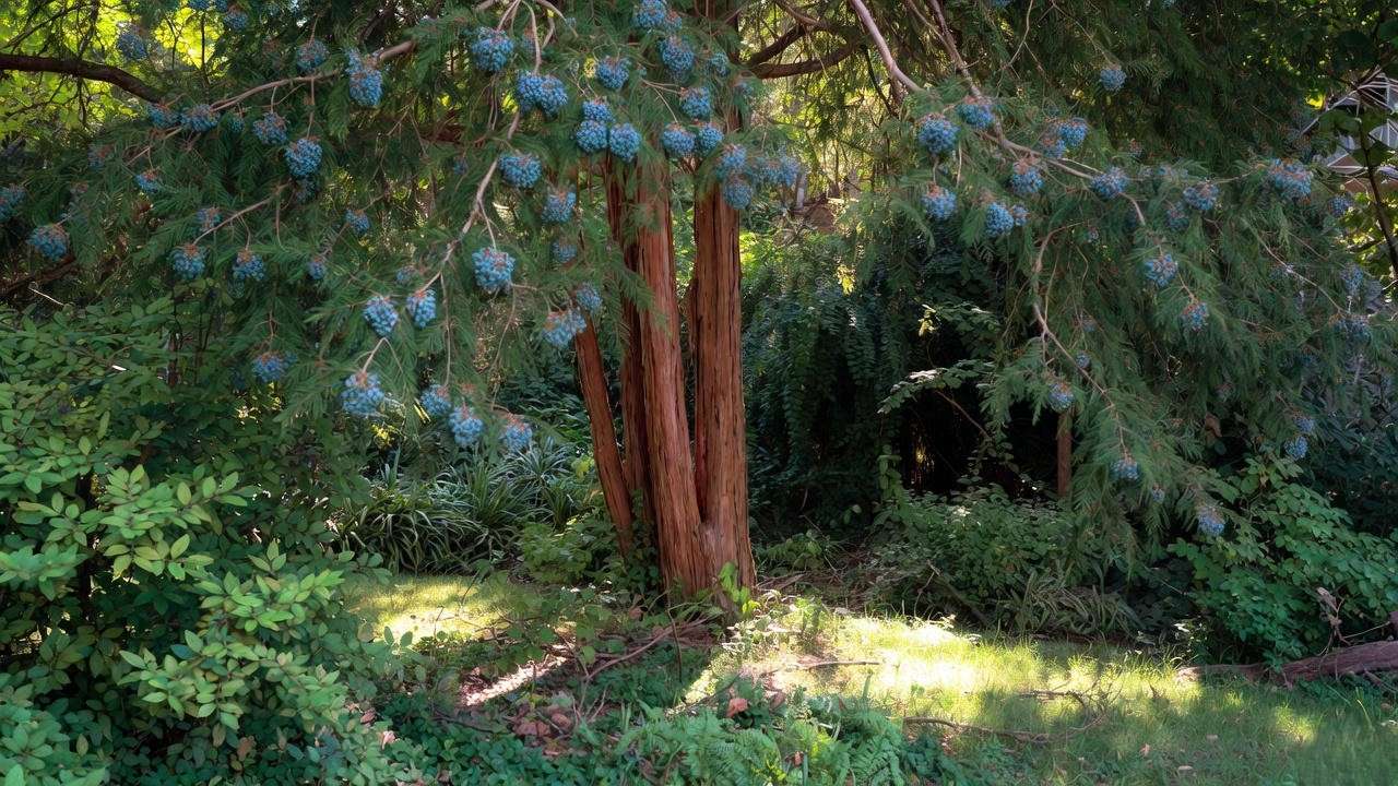 Eastern Red Cedar tree with reddish bark and blue berries in a lush garden privacy screen".