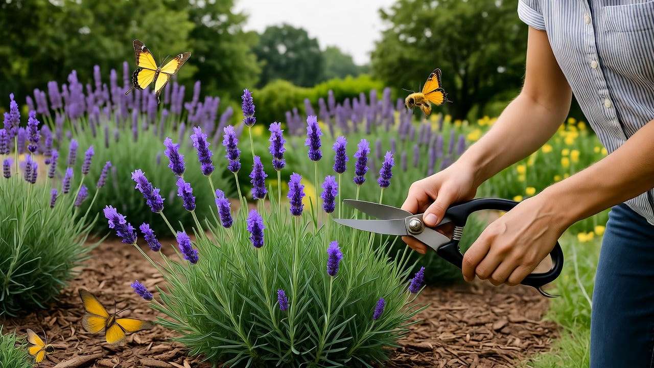 Gardener pruning Lavender in an eco-friendly garden.