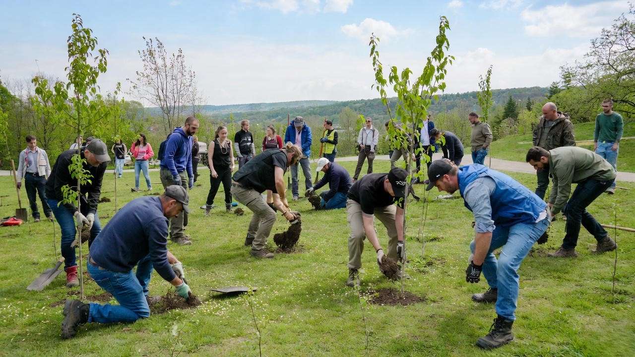 "Community planting young elm trees in a park with scattered seeds.