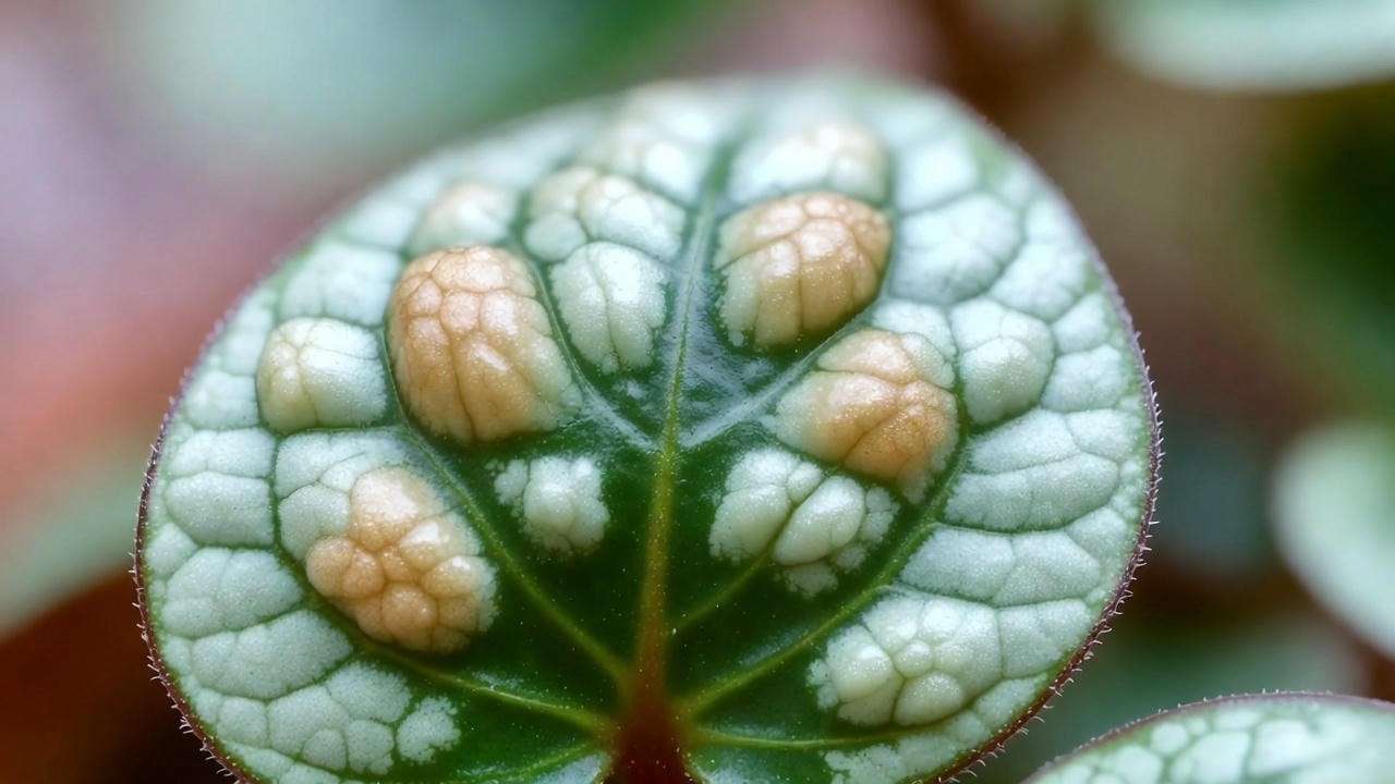 Corky white bumps on leaf underside caused by plant edema and overwatering