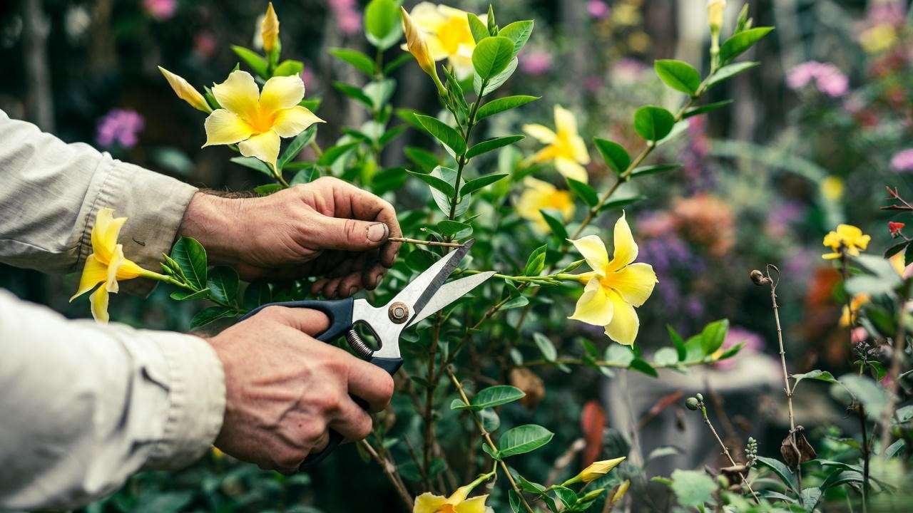 Gardener pruning yellow mandevilla plant with shears in a lush garden."