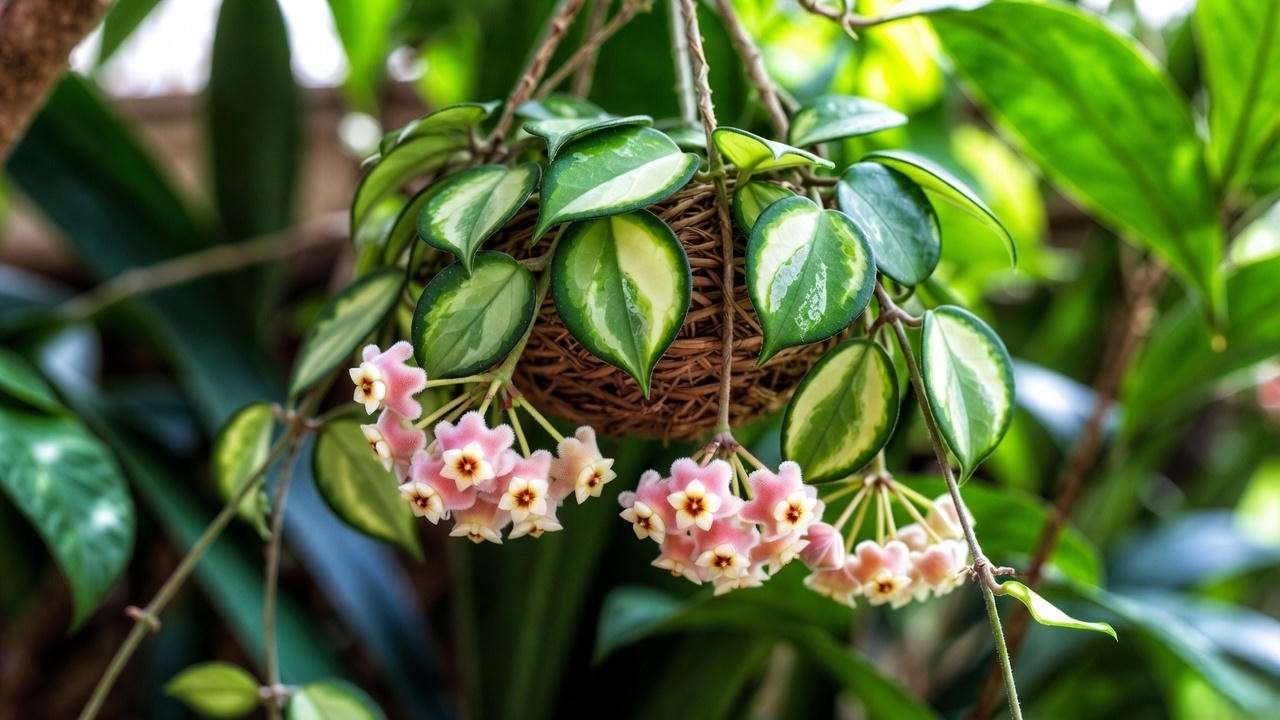 Blooming variegated heart hoya with pink and white flowers in hanging basket."