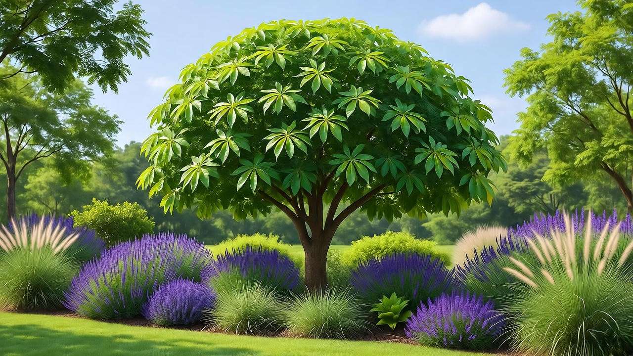 Landscaped garden with Tabebuia impetiginosa and companion plants