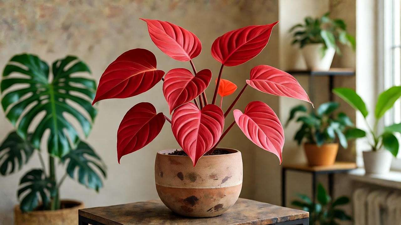 Red philodendron plant styled in a modern living room with ceramic pot."