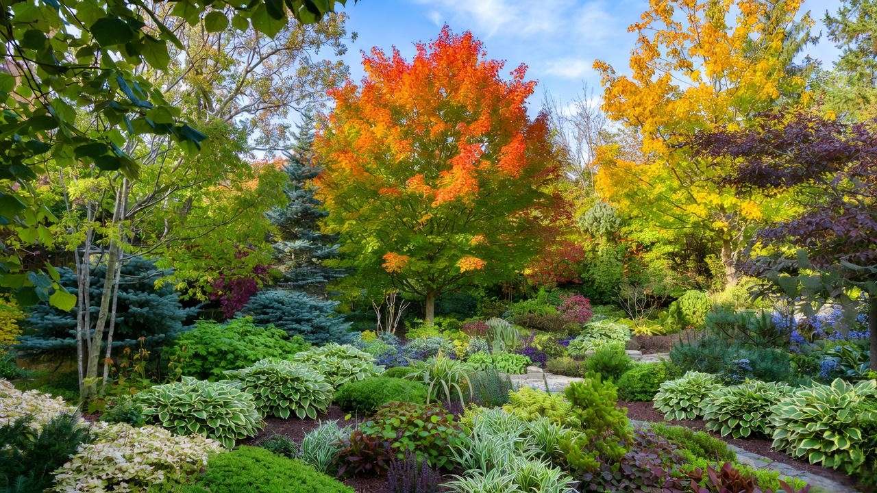 Flame maple tree as a focal point in a landscaped garden with evergreens and hostas."