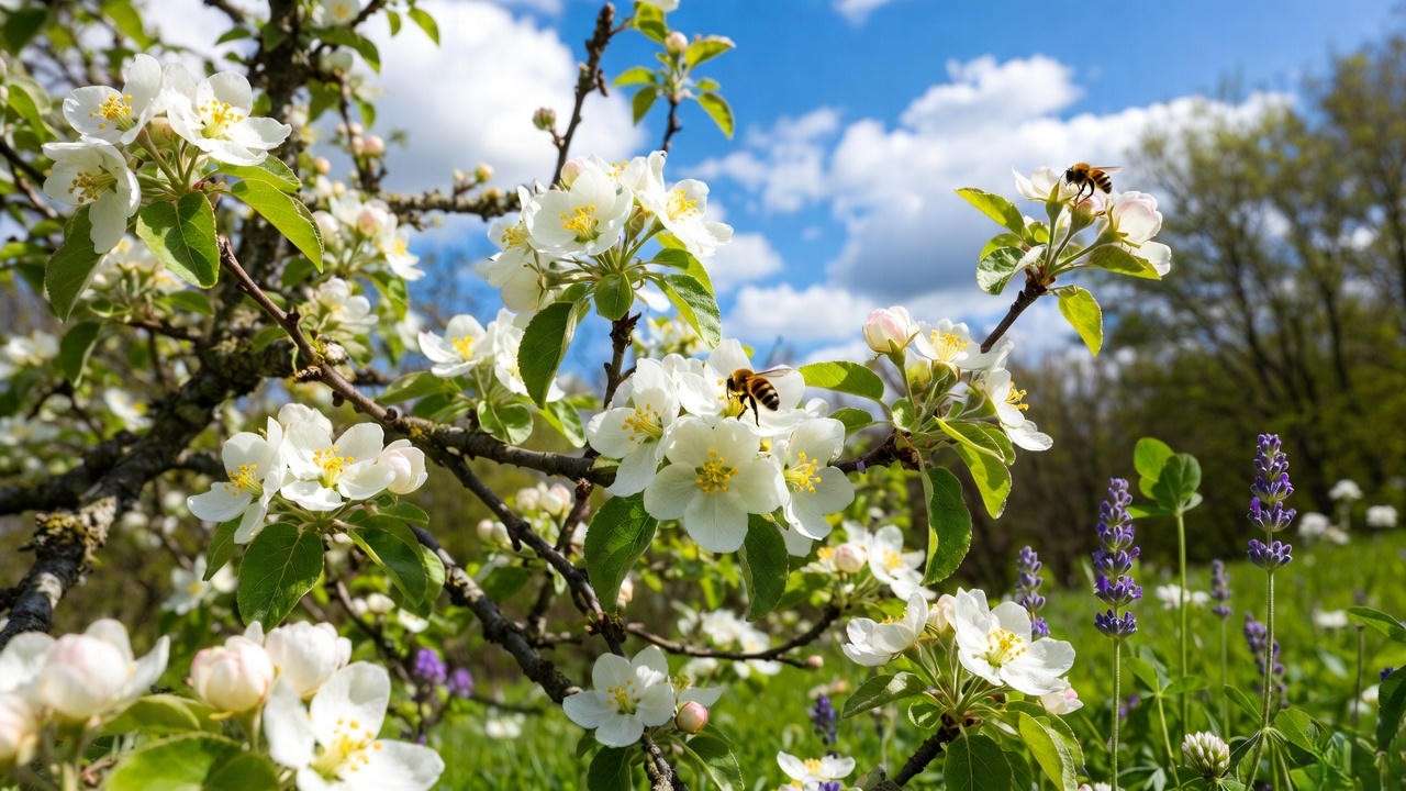 Apple tree in bloom with bees and pollinator plants like clover and lavender."