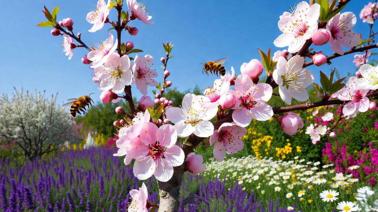 Plum tree in bloom with bees and butterflies pollinating in a vibrant garden."