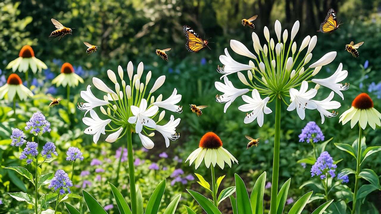 White agapanthus attracting bees and butterflies in a garde