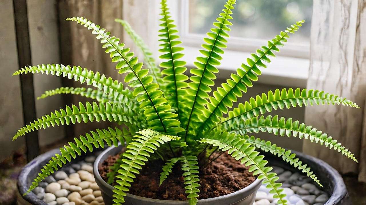 Lemon button fern plant in a well-draining pot with a pebble tray for humidity in bright indirect light."