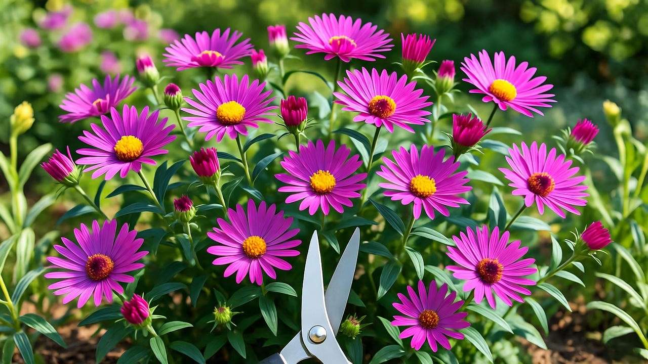 Pink aster plant being pruned and deadheaded with gardening shears in a lush garden."