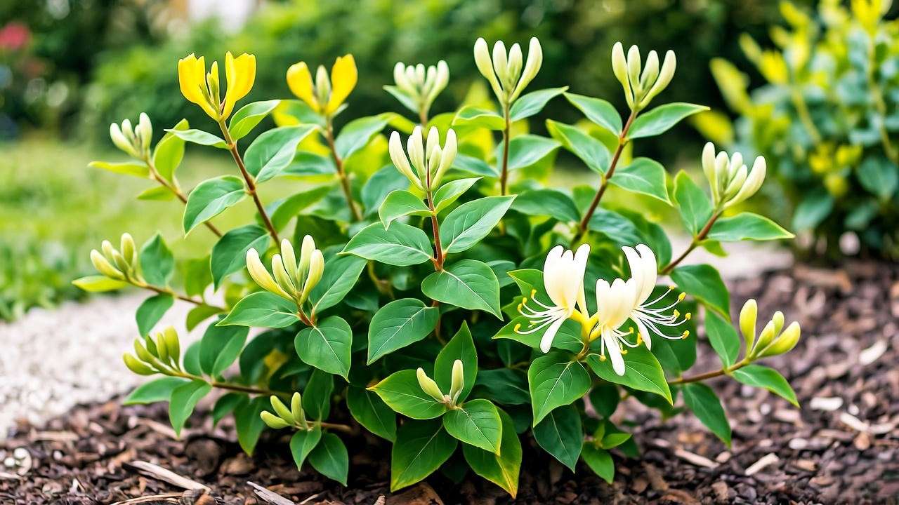 Pruned Scentsation honeysuckle with mulch and winter cover in a garden."