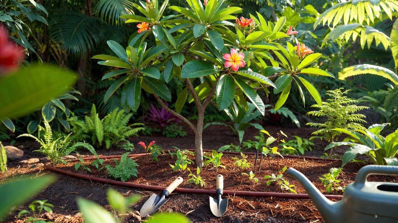 Tropical garden care setup with well-drained soil, drip irrigation, and mulch around a flowering tree, featuring gardening tools in a lush setting.