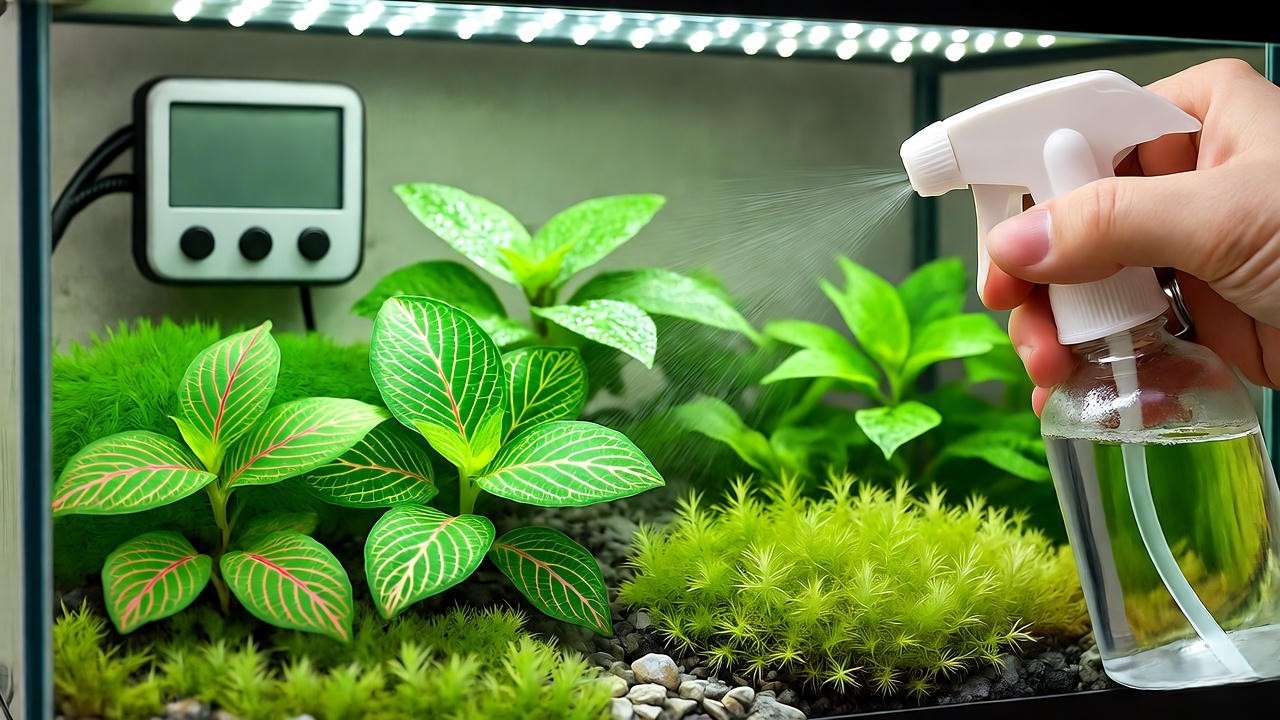 Close-up of misting vivarium plants with fittonia and moss using a spray bottle."