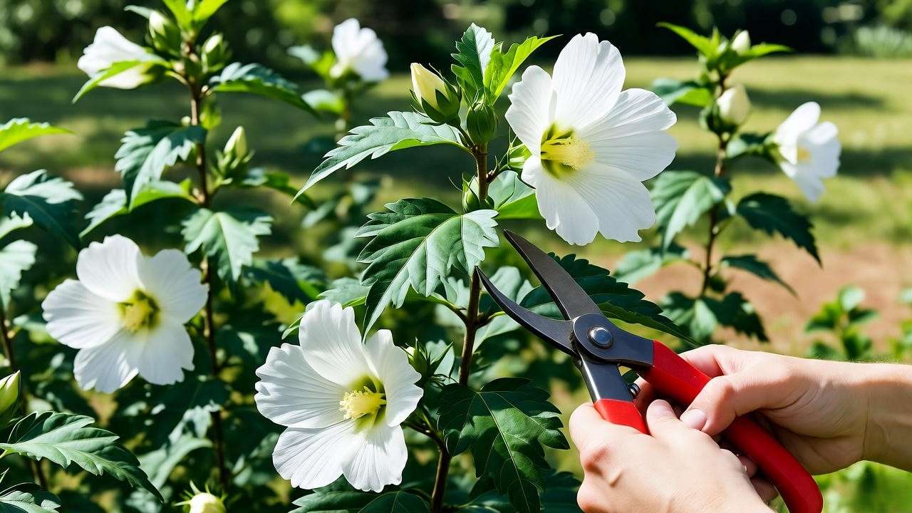 Pruning a White Rose of Sharon plant with clean cuts in a lush garden."