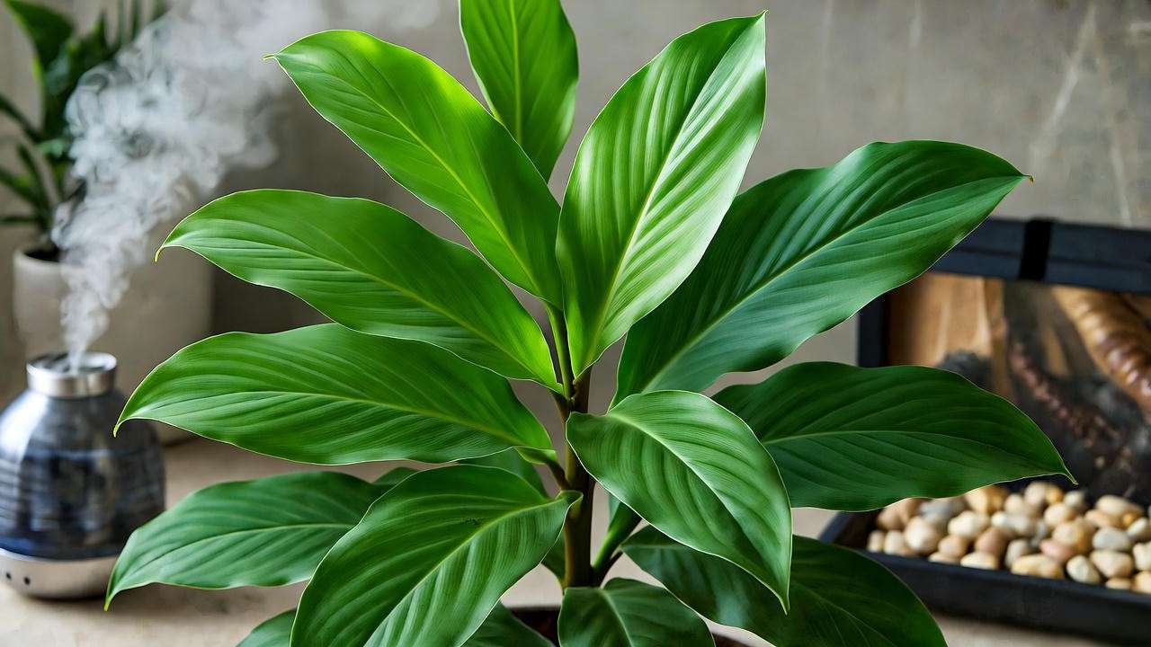 Spiral ginger plant with humidifier and mist in an indoor setting"