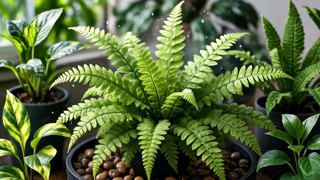 Lemon button fern plant misted with water, grouped with pothos in a humid indoor setting."
