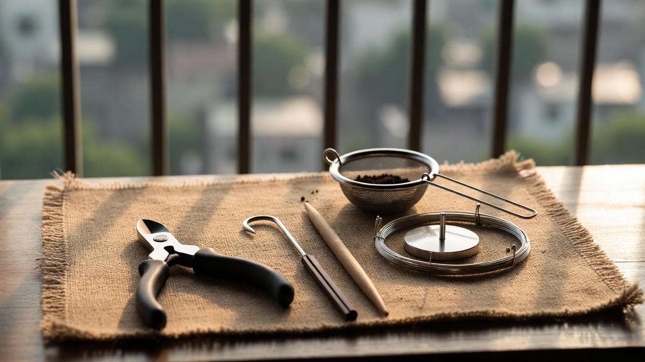 Essential bonsai tools for beginners: pruners, wire, root hook, and turntable setup