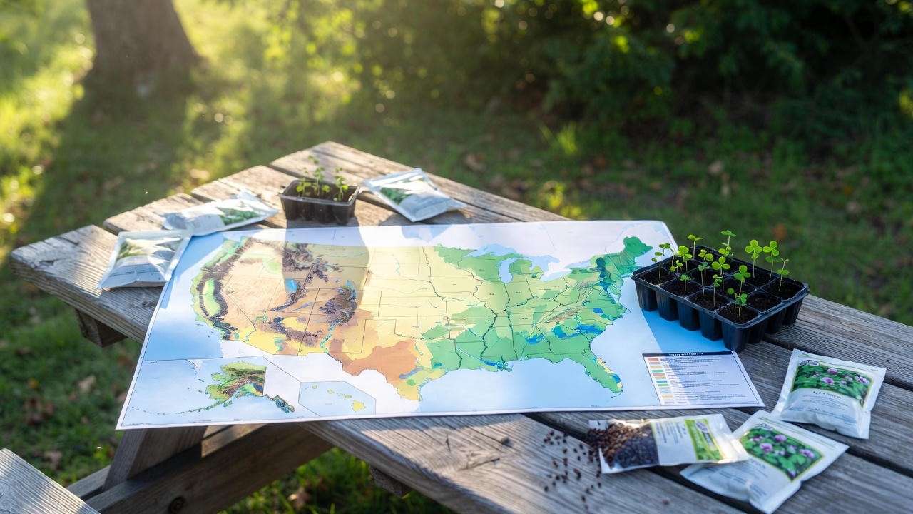 USDA plant hardiness zone map with clover seed packets ready for regional planting