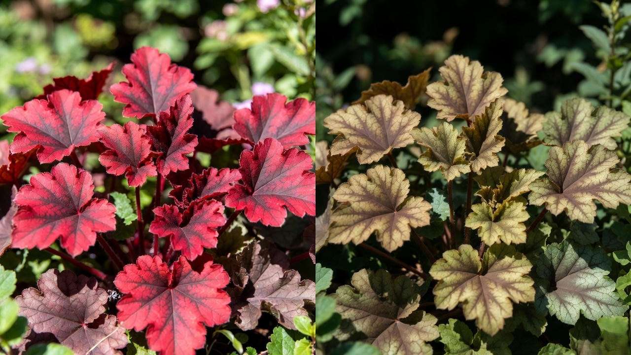 Heuchera Palace Purple color difference between sun and shade conditions