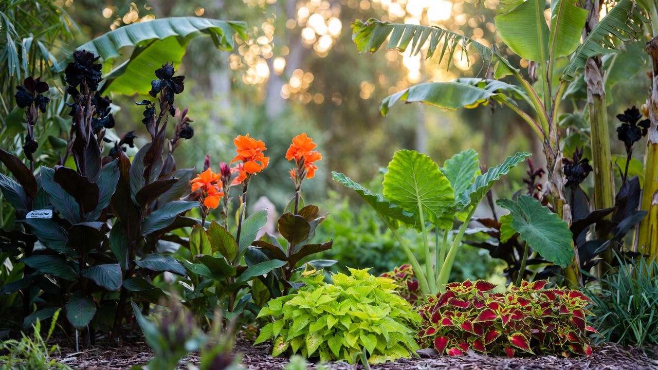 Tropical garden border design using canna lilies with companion plants