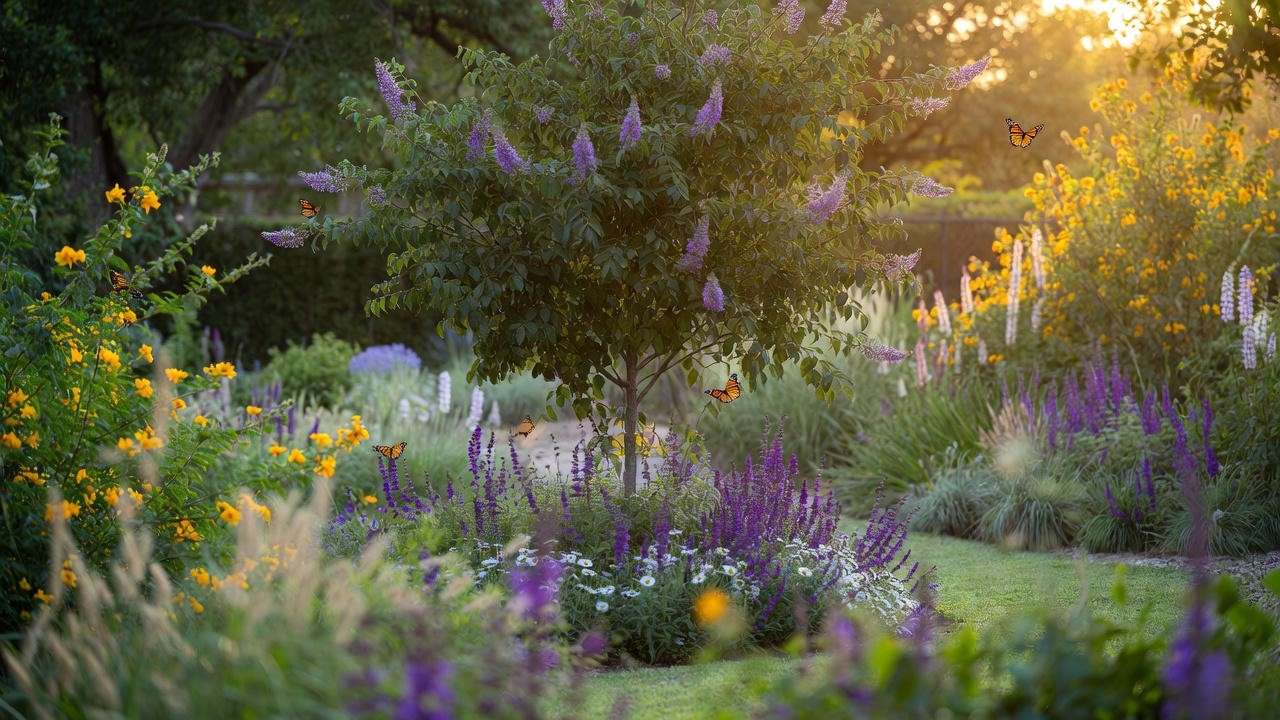 Purple flowering tree landscape design with Vitex and native Texas companion plants