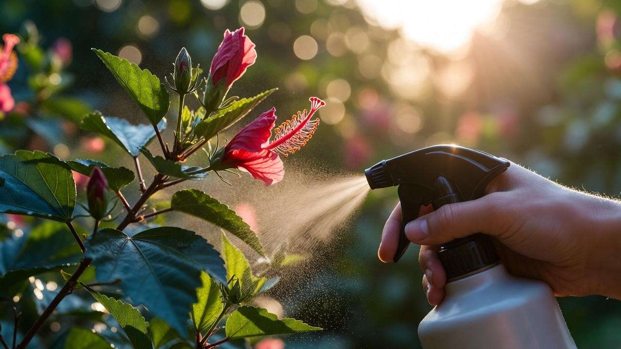 Foliar feeding hibiscus plants with liquid fertilizer spray