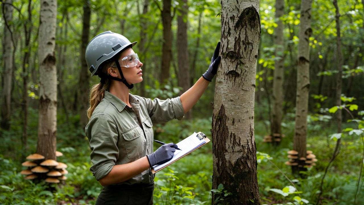 Arborist inspecting tree with clipboard and tools near mushrooms in a forest."